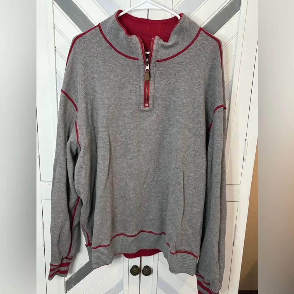 Cremieux Men's Red Light Gray Reversible 1/4 Zip Long‎ Sleeve Pullover Jacket